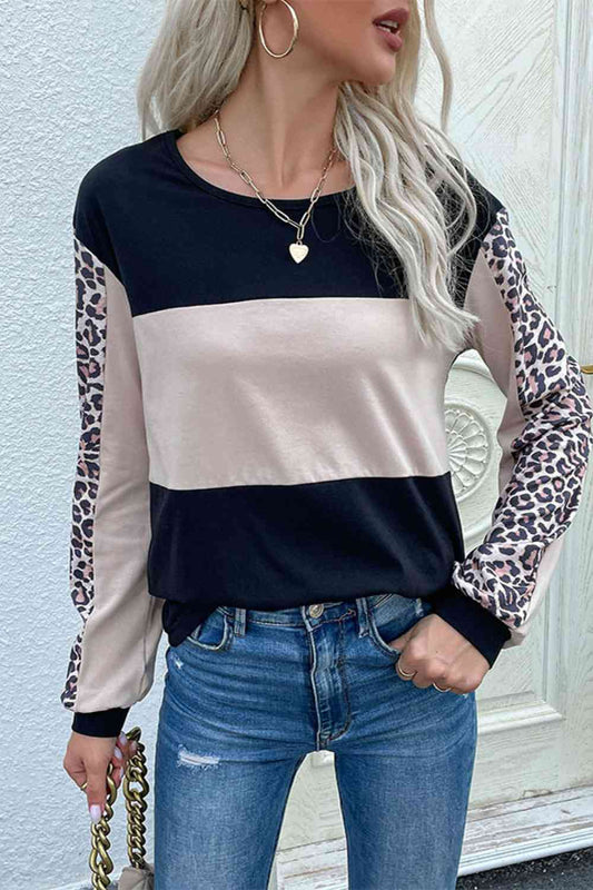 Sweat-shirt léopard à manches longues et blocs de couleurs