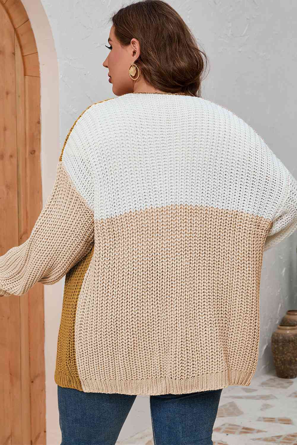 Cardigan à Epaules Tombantes en Blocs de Couleurs de Grande Taille