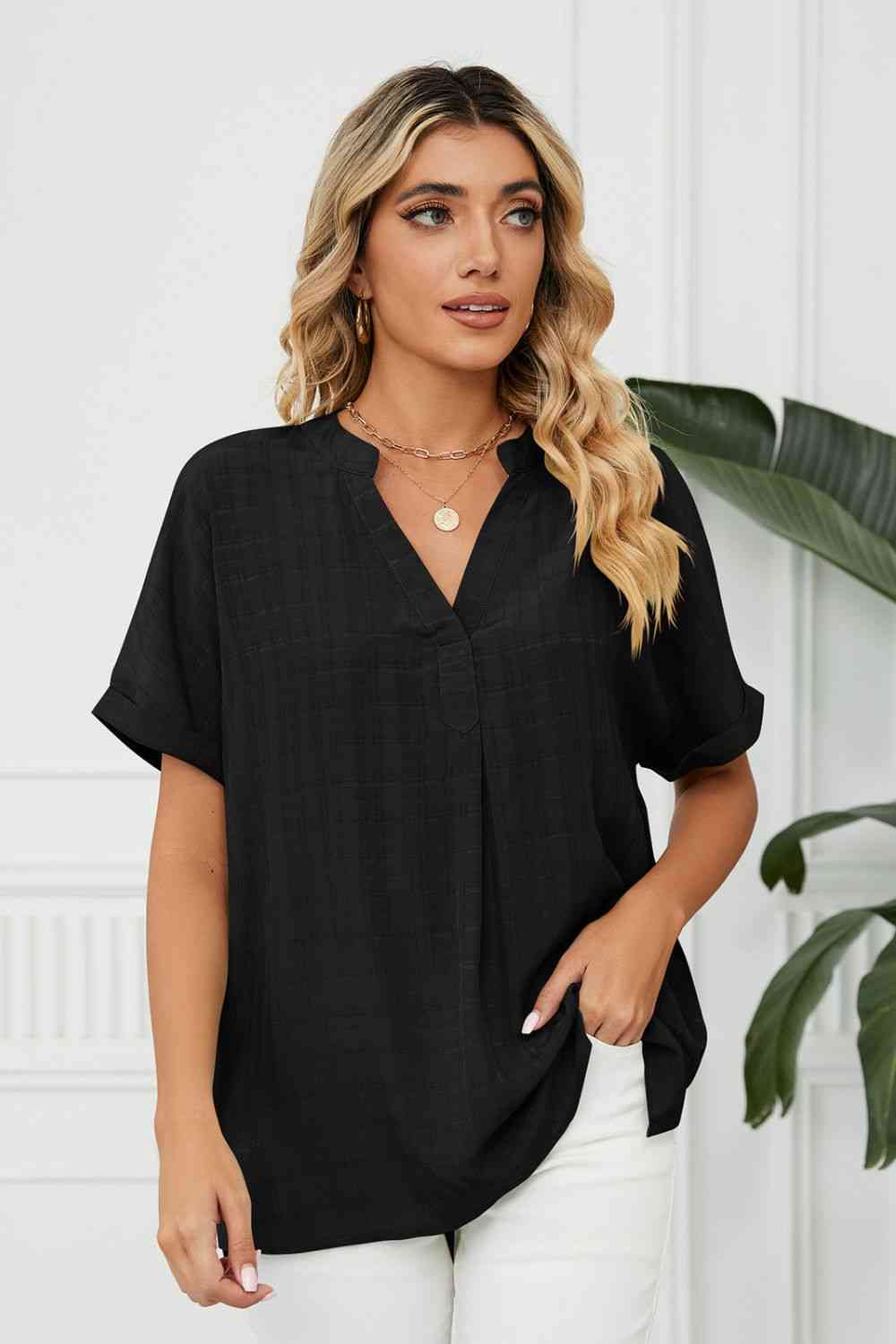 Side Slit Notched Neck Cuffed Short Sleeve Blouse