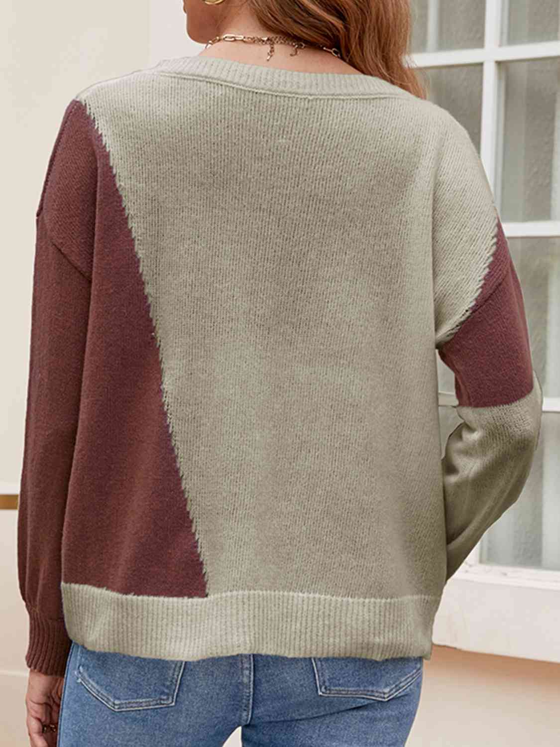 Contrast Round Neck Long Sleeve Knit Top