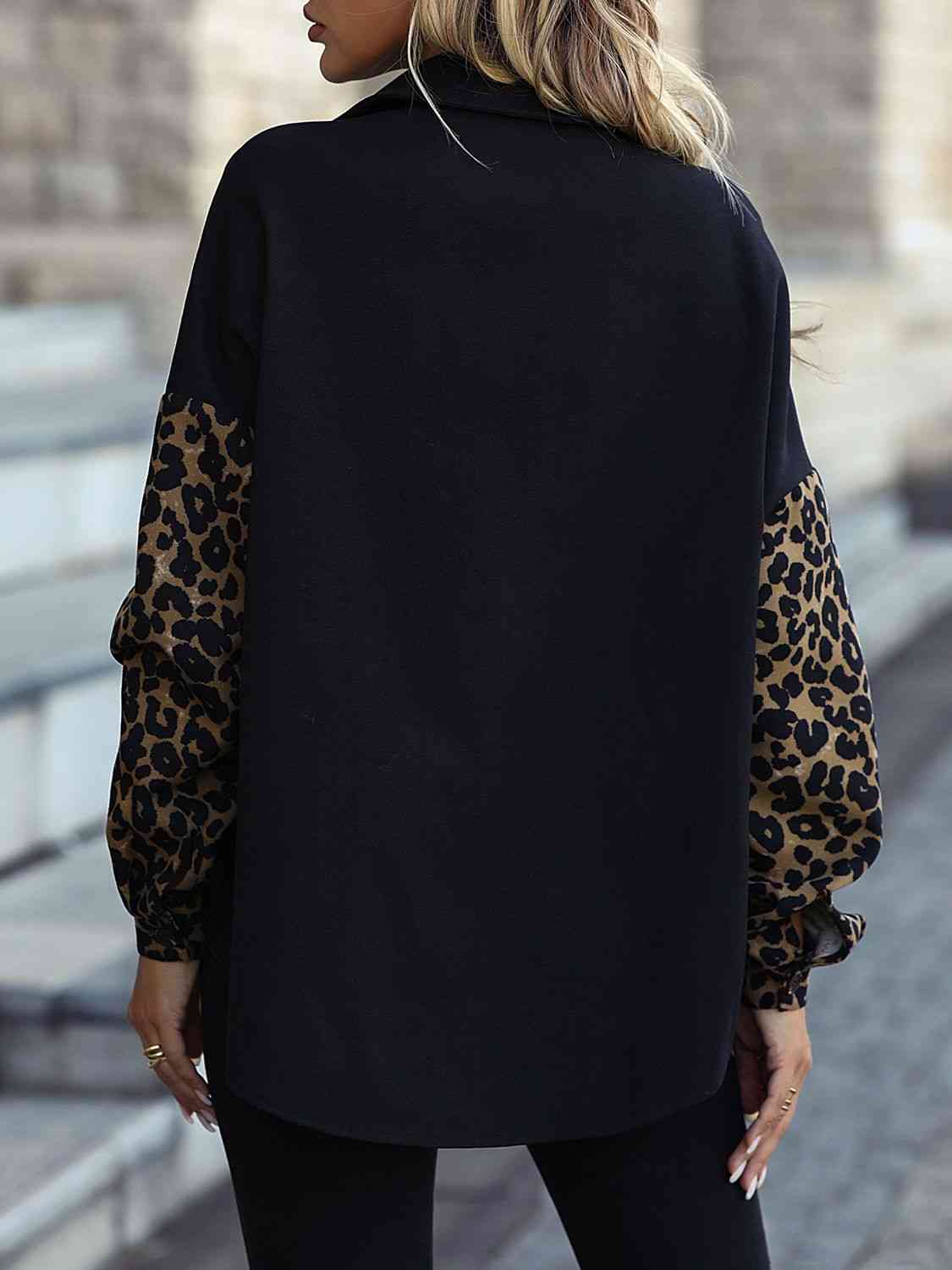 Leopard Print Buttoned Dropped Shoulder Jacket