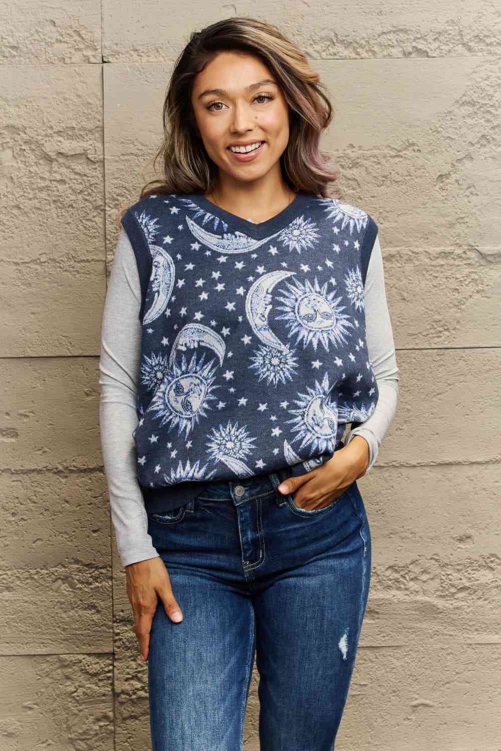 Woven Right Full Size Sleeveless Sun & Moon Graphic Sweater Vest