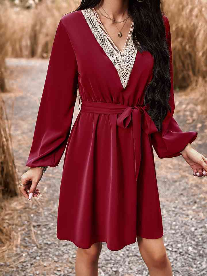 Long Sleeve Tie Waist V-Neck Mini Dress