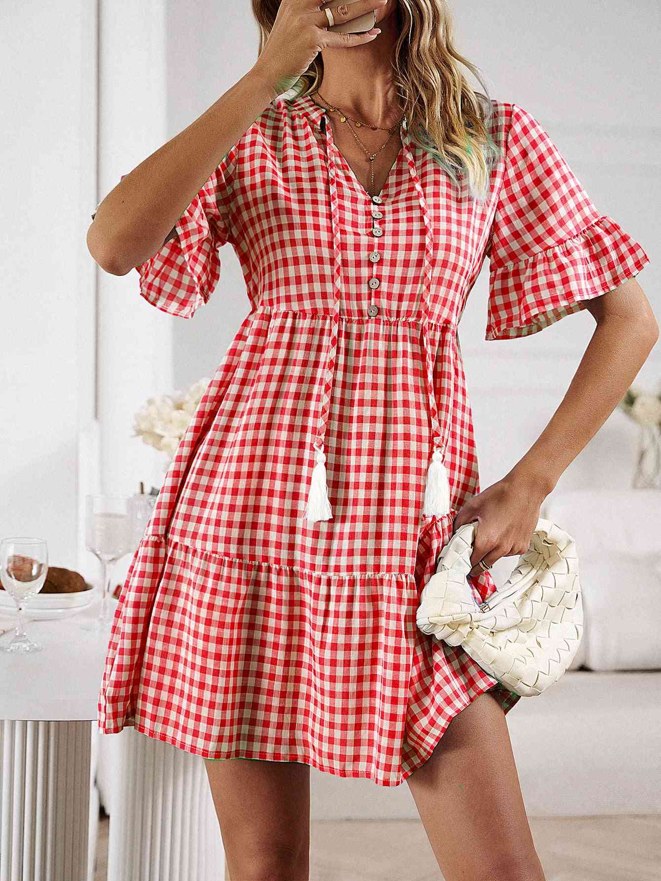 Plaid Flounce Sleeve Buttoned Mini Dress