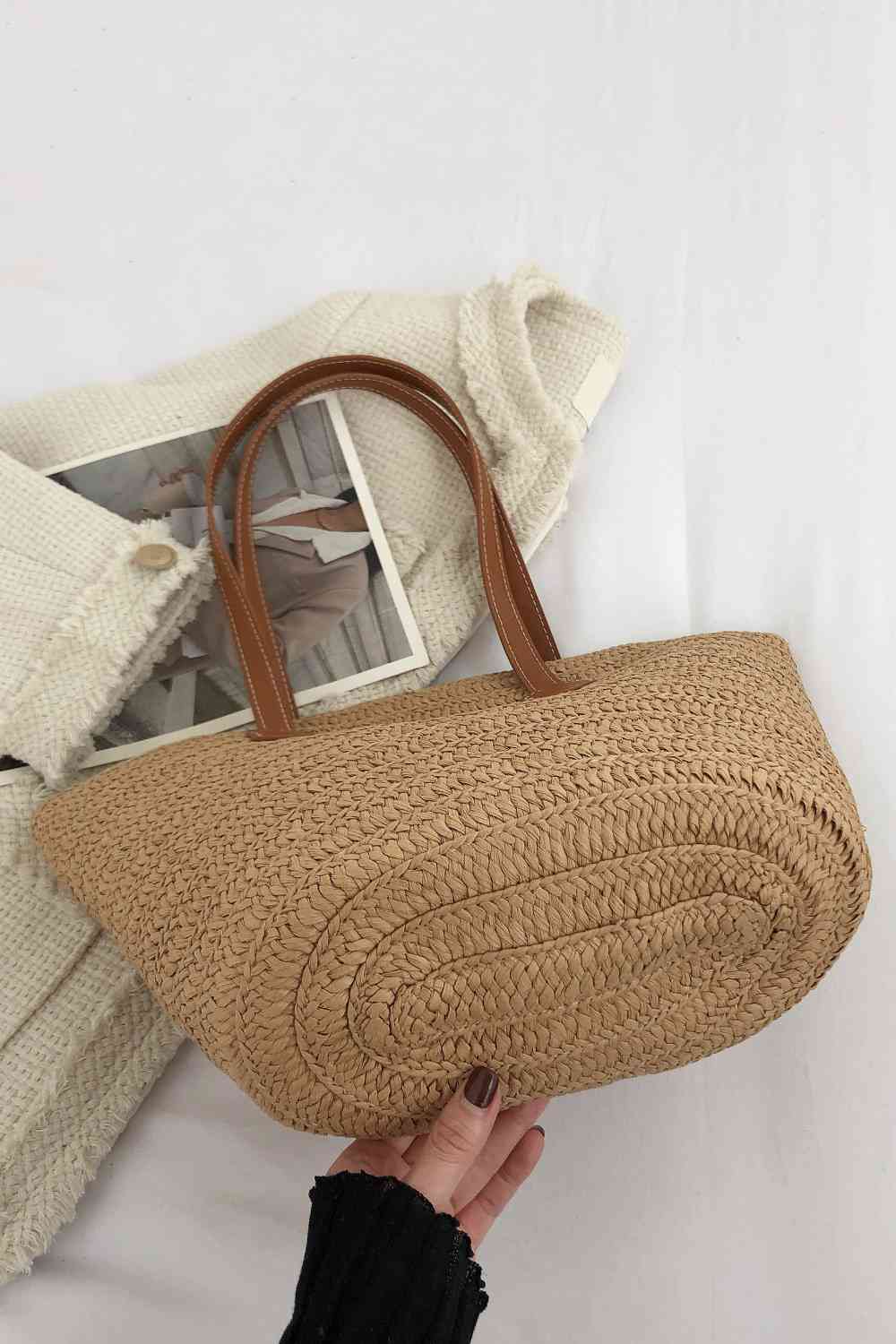 Bolso tote de paja con asa de cuero PU