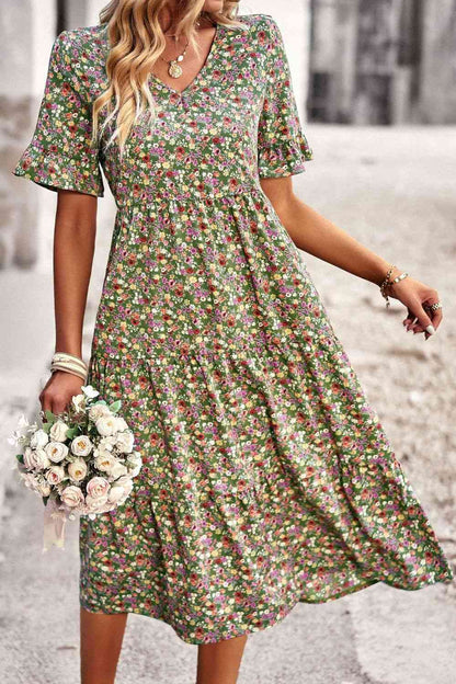 Floral V-Neck Flounce Sleeve Midi Dress