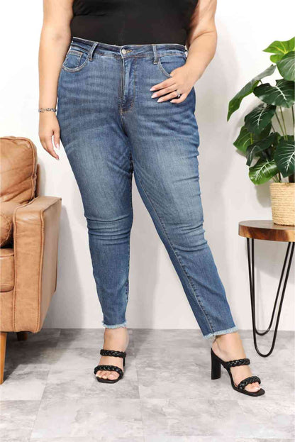 Judy Blue Full Size Tummy Control Side Slit & Fray Hem Skinny Jeans