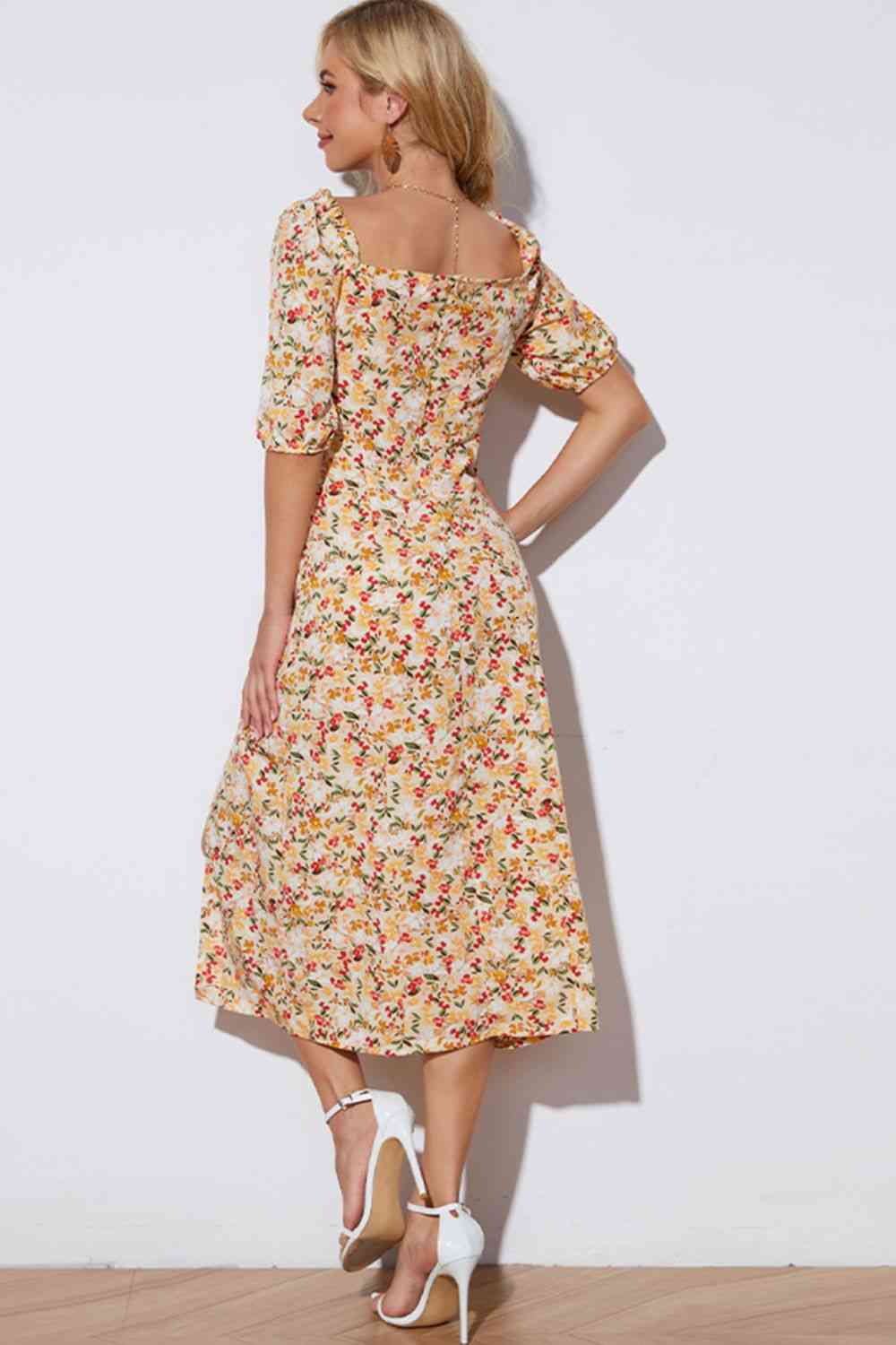 Floral Tied Square Neck Split Dress