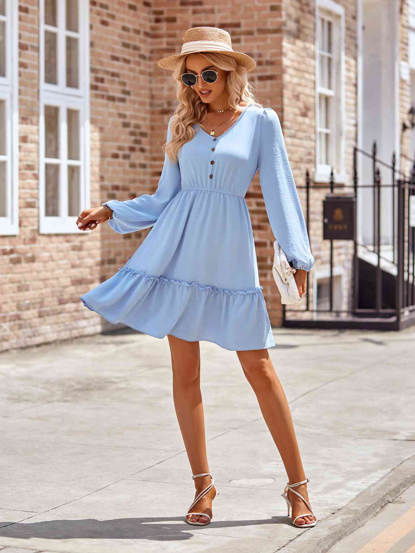 Frill Trim Buttoned V-Neck Puff Sleeve Dress