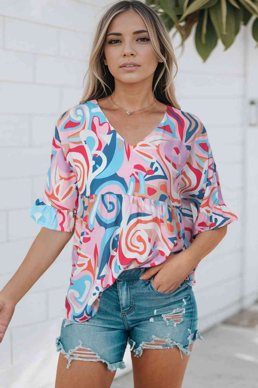 Printed V-Neck Flounce Sleeve Blouse