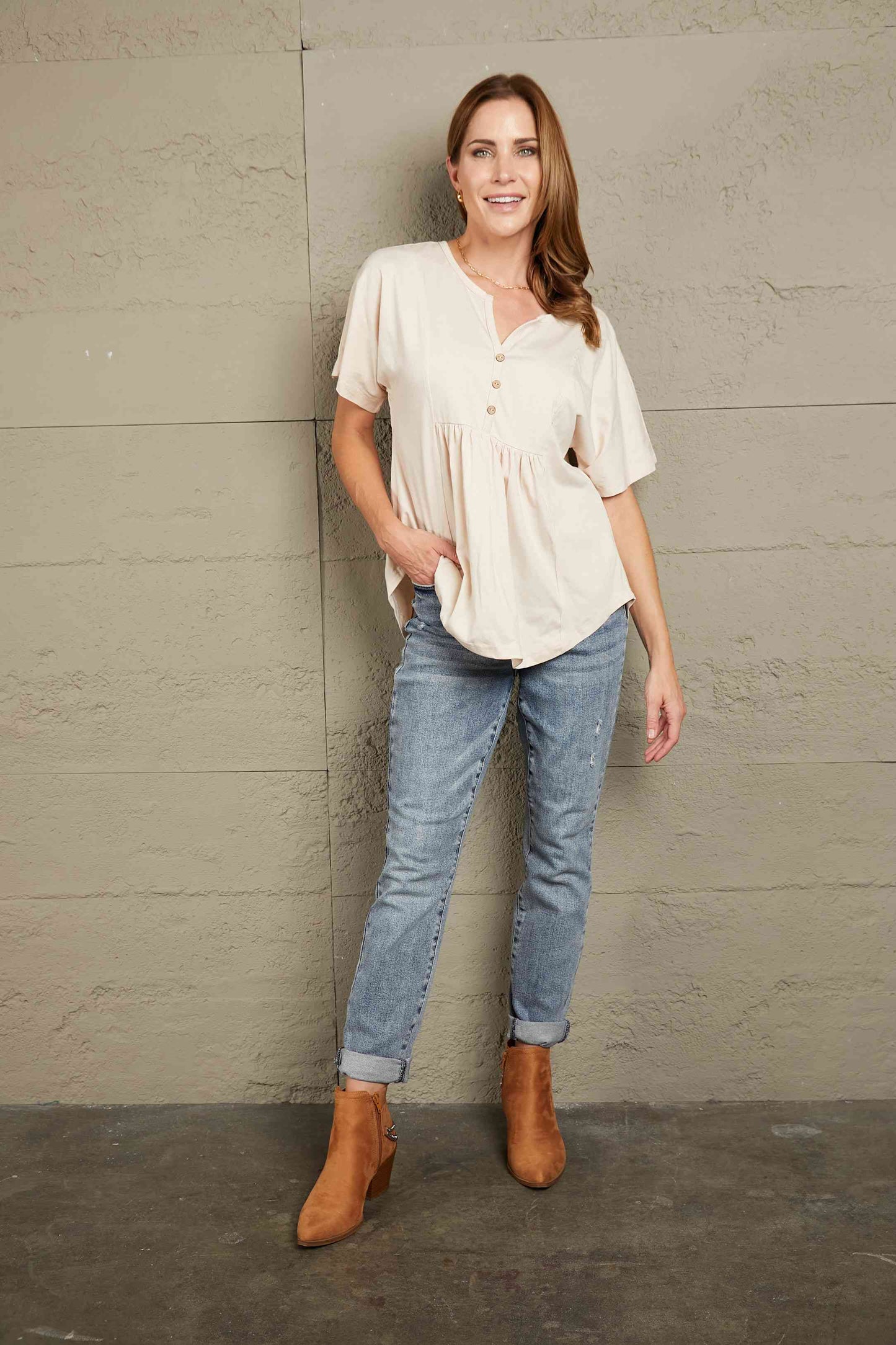 Double Take Buttoned Notched Neck Short Sleeve Top