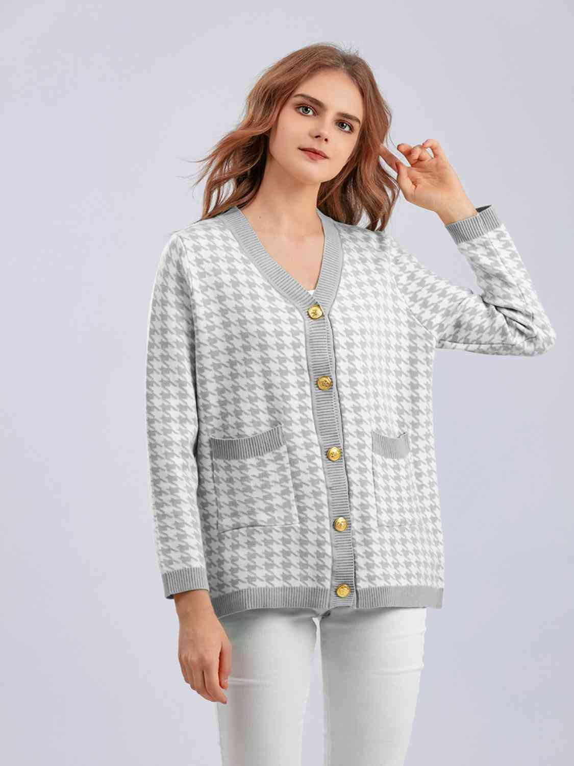 Cardigan boutonné pied-de-poule