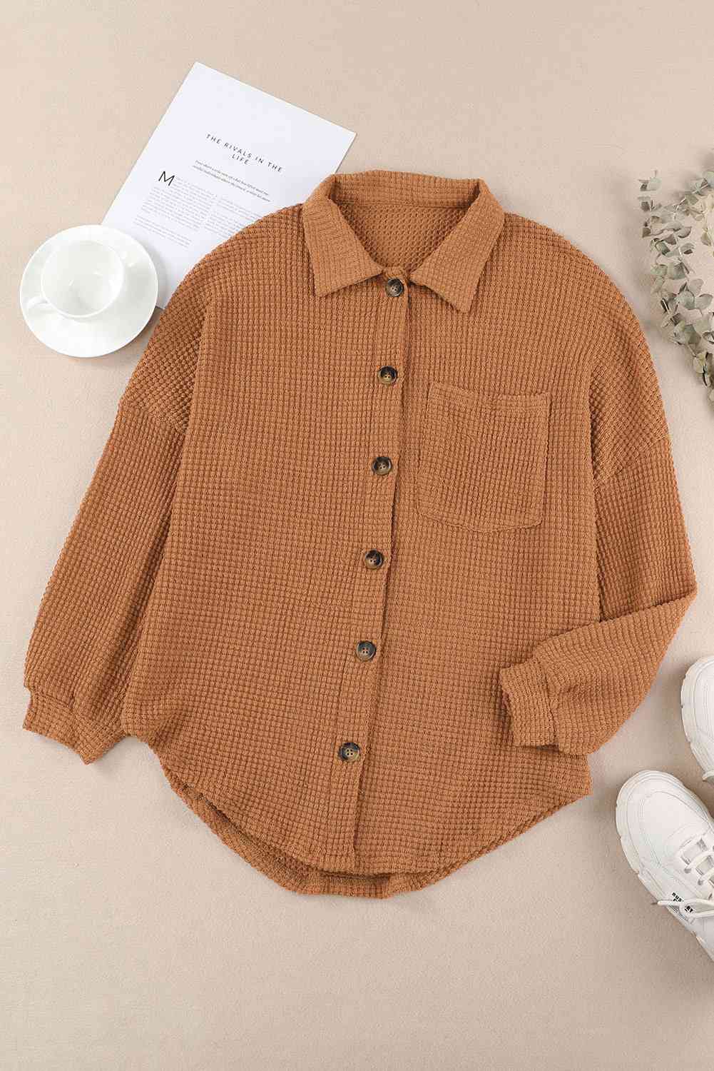 Chemise à manches longues boutonnée en tricot gaufré avec poche