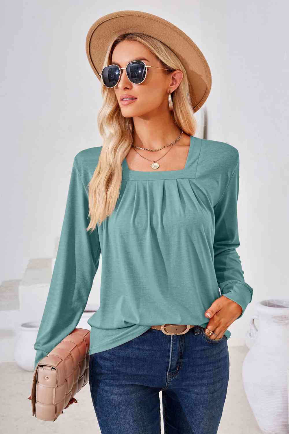 Square Neck Ruched Long Sleeve Blouse