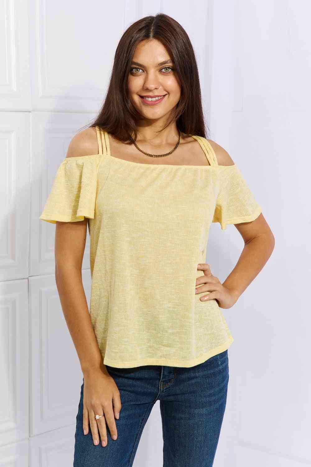 Culture Code On The Move Full Size Off The Shoulder Flare Sleeve Top in Sand Yellow