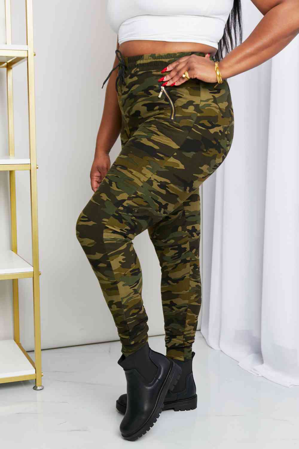 Leggings Depot Full Size Camouflage Drawstring Waist Zipper Detail Joggers