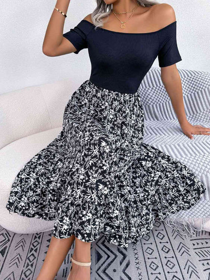 Printed Off-Shoulder Ruffle Hem Dress