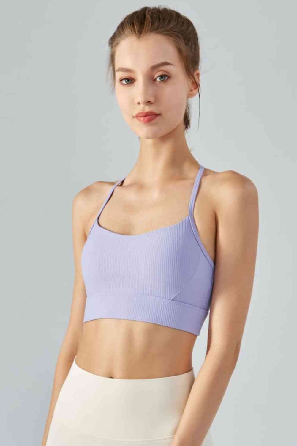 Camisole de sport courte côtelée à col licou et dos ouvert