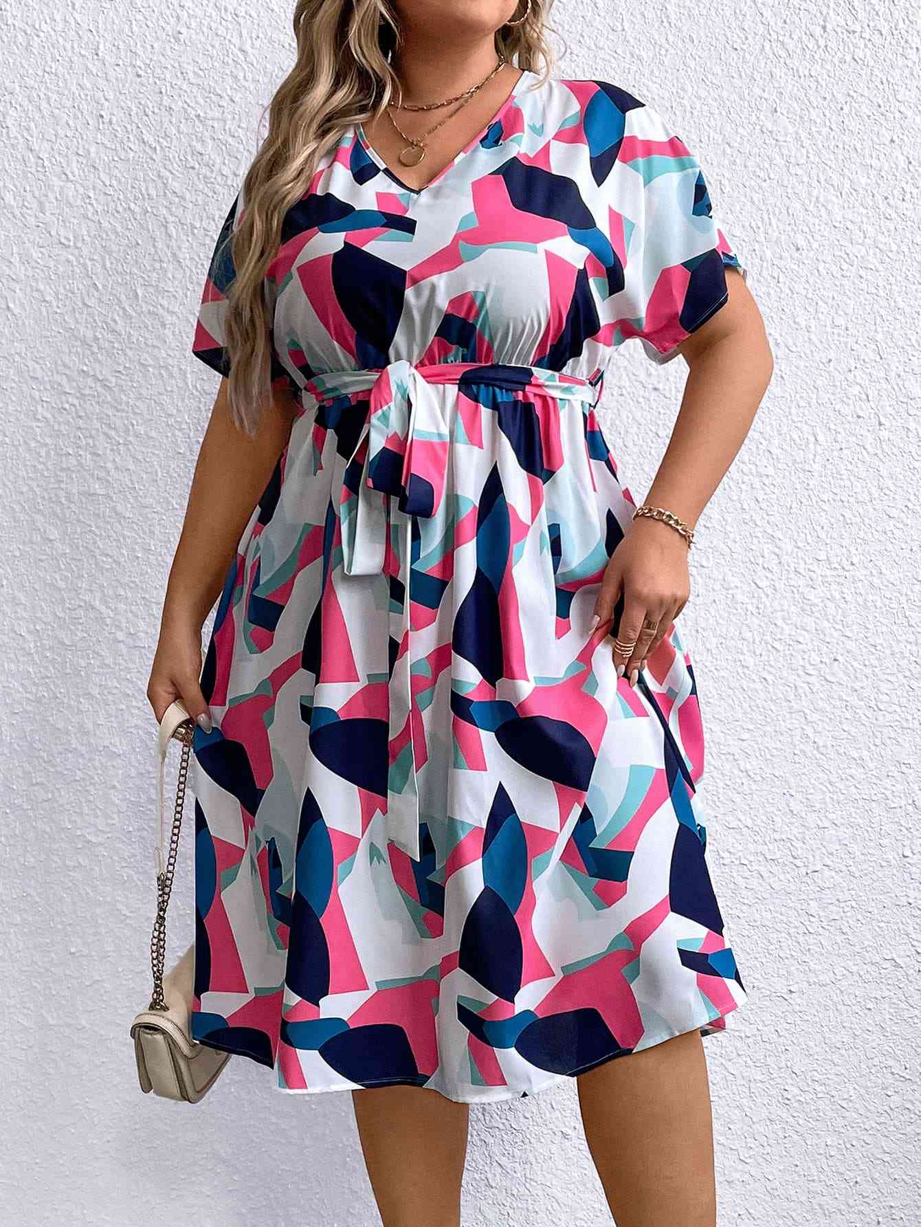 Robe Multicolore à Col en V Nouée à la Taille de Grande Taille