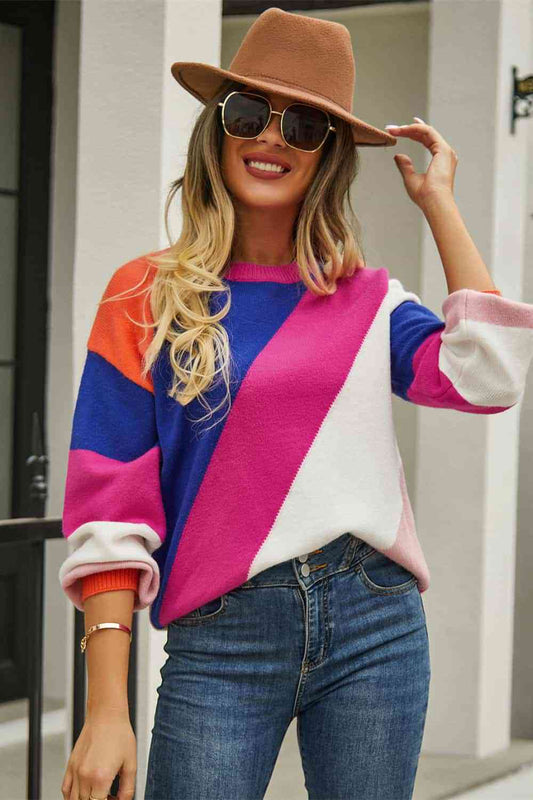 Suéter de manga larga con cuello redondo y bloques de color