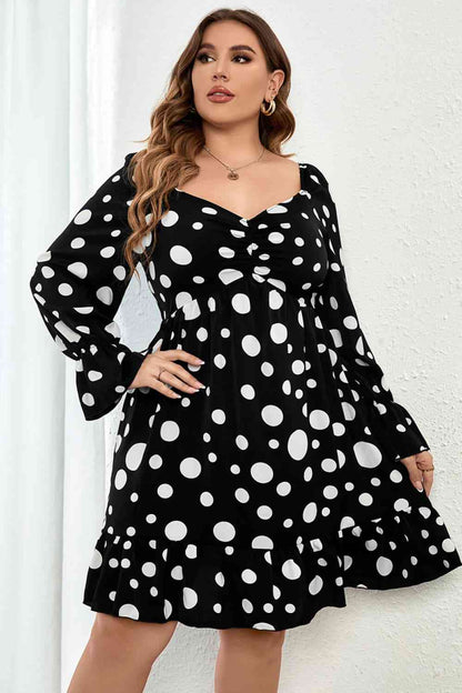 Melo Apparel Plus Size Polka Dot Sweetheart Neck Flounce Sleeve Mini Dress