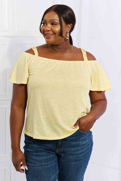 Culture Code On The Move Full Size Off The Shoulder Flare Sleeve Top in Sand Yellow