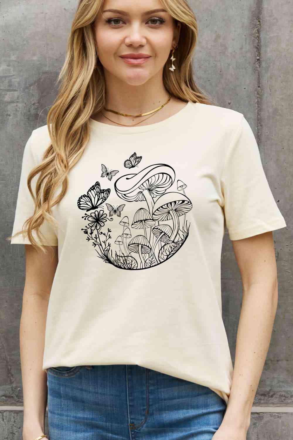 T-shirt en coton avec motif papillon et champignon, grande taille, Simply Love