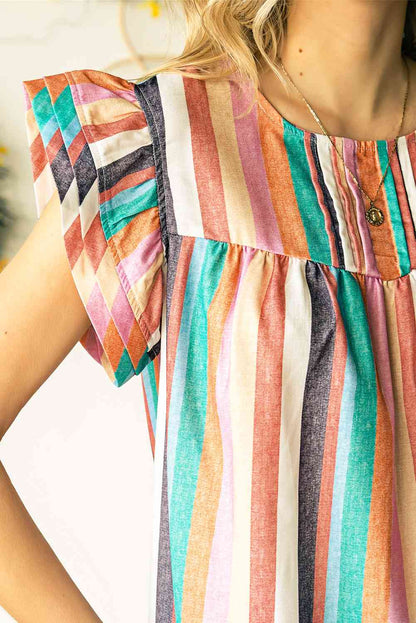 Blusa con mangas onduladas a rayas multicolores