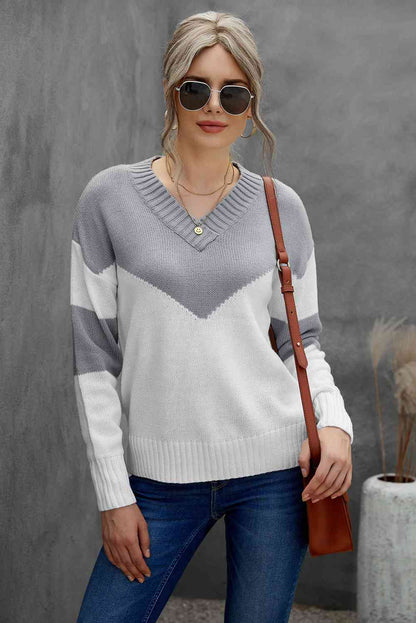 Chevron Color Block V-Neck Dropped Shoulder Sweater