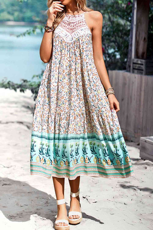 Vestido sin mangas con cuello redondo estilo bohemio con estampado floral