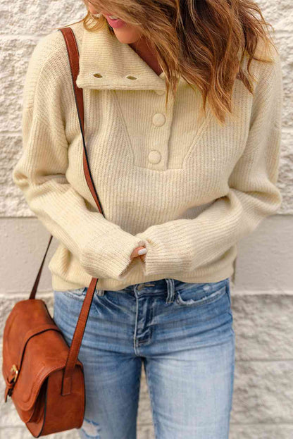 Double Take Half Button Dropped Shoulder Ribbed Sweater