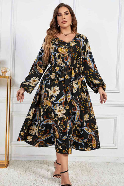 Melo Apparel Robe mi-longue à imprimé floral et ceinture à nouer, manches ballon, grande taille