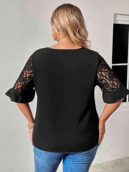 Plus Size Cutout Round Neck Spliced Lace Flounce Sleeve Blouse