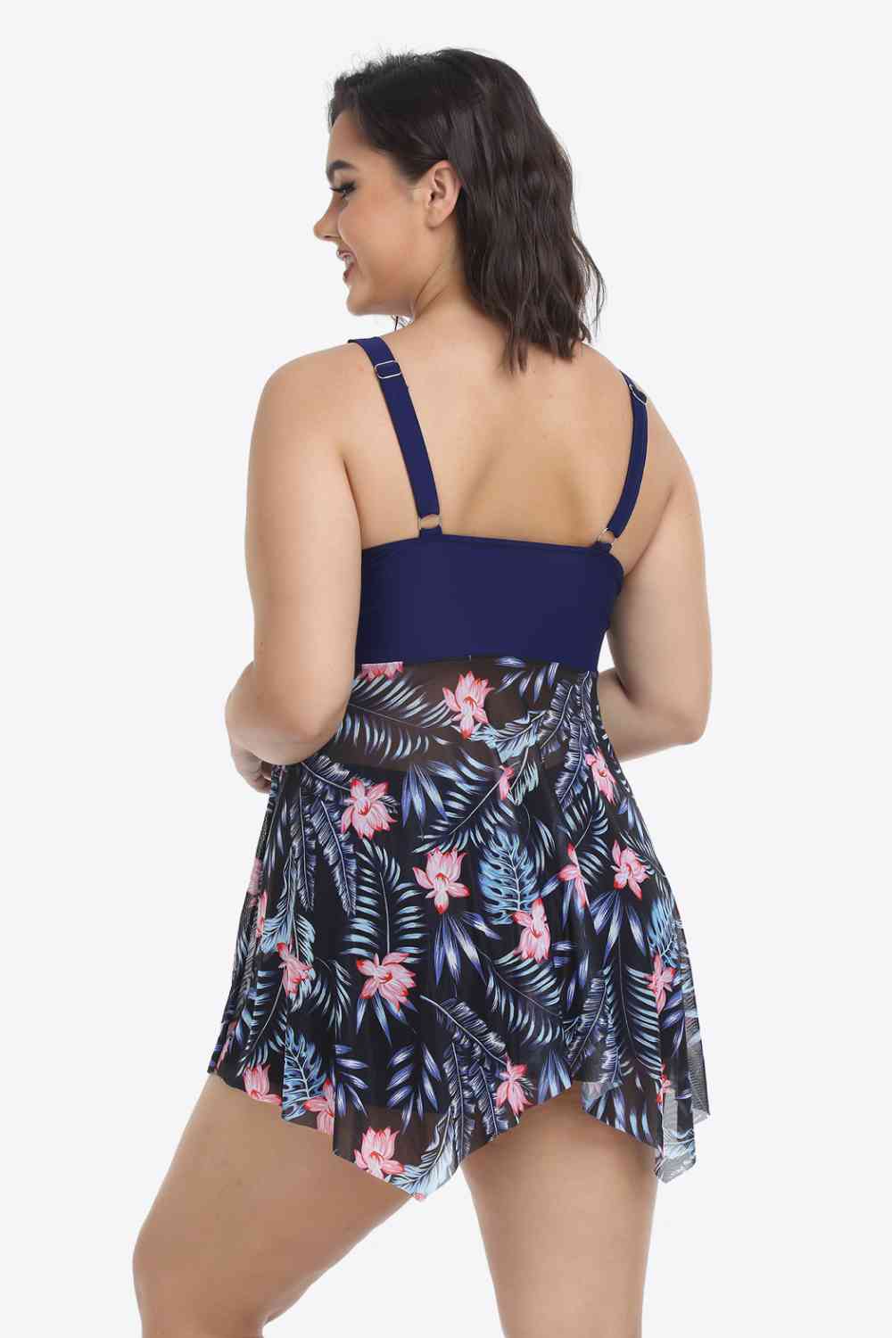 Maillot de Bain Deux Pièces Floral Bicolore à Ourlet Asymétrique de Grande Taille