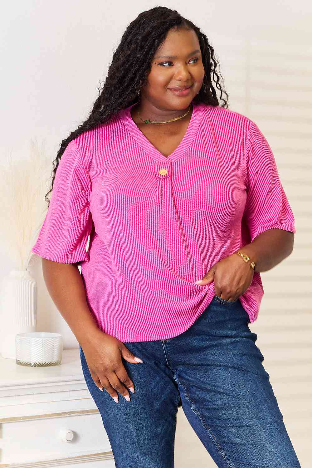 Sew In Love Full Size Ribbed V-Neck Short Sleeve Top