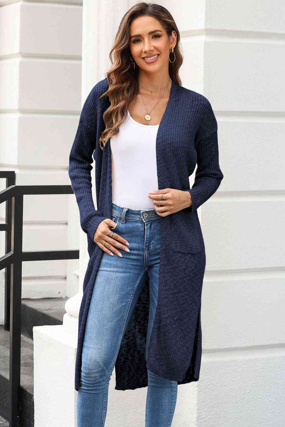 Open Front Slit Cardigan with Pockets