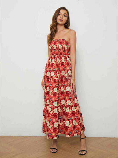 Vestido floral sin tirantes con espalda escotada