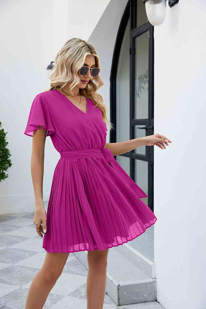 Surplice Neck Tie Waist Flutter Sleeve Pleated Dress