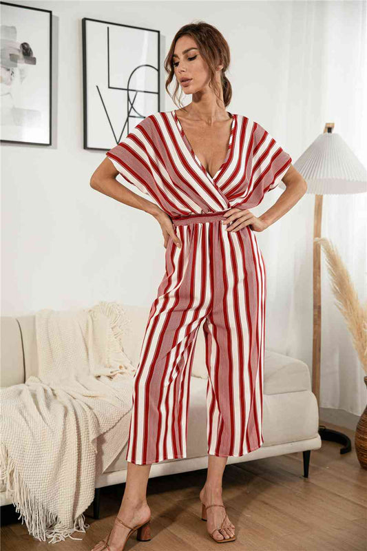 Striped V Neck Wide Leg Jumpsuit