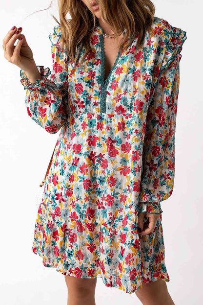 Robe florale à manches volantées et col cranté