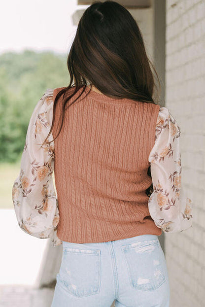 Blouse côtelée à manches lanterne et fleurs