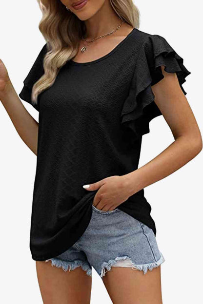 Blusa con cuello redondo y mangas acampanadas en capas