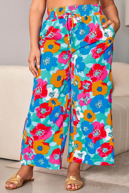 Pantalones de pierna ancha con cordón floral de talla grande y bolsillos