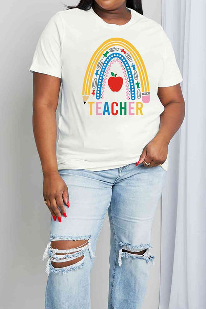 Simply Love T-shirt en coton graphique arc-en-ciel pleine taille TEACHER