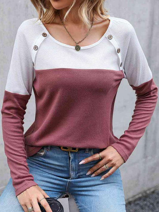 Two-Tone Buttoned Waffle-Knit Top
