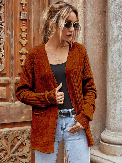 Ribbed Open Front Long Sleeve Cardigan with Pockets