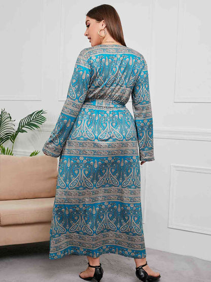 Robe Longue Nouée à Col en V de Grande Taille avec Poche