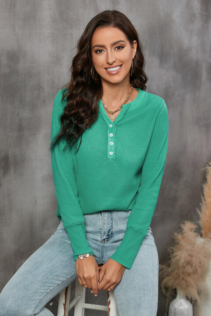 Waffle Knit Buttoned Notched Neck Long Sleeve T-Shirt