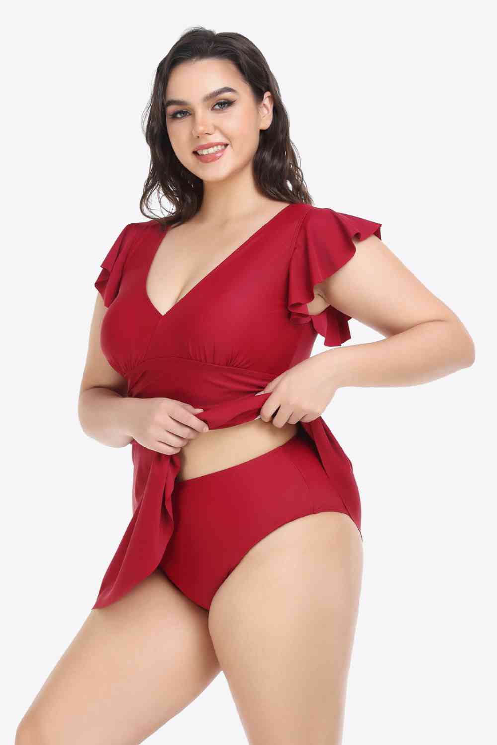 Ensemble Robe de Bain Plongeant à Volants et Bas de Grande Taille