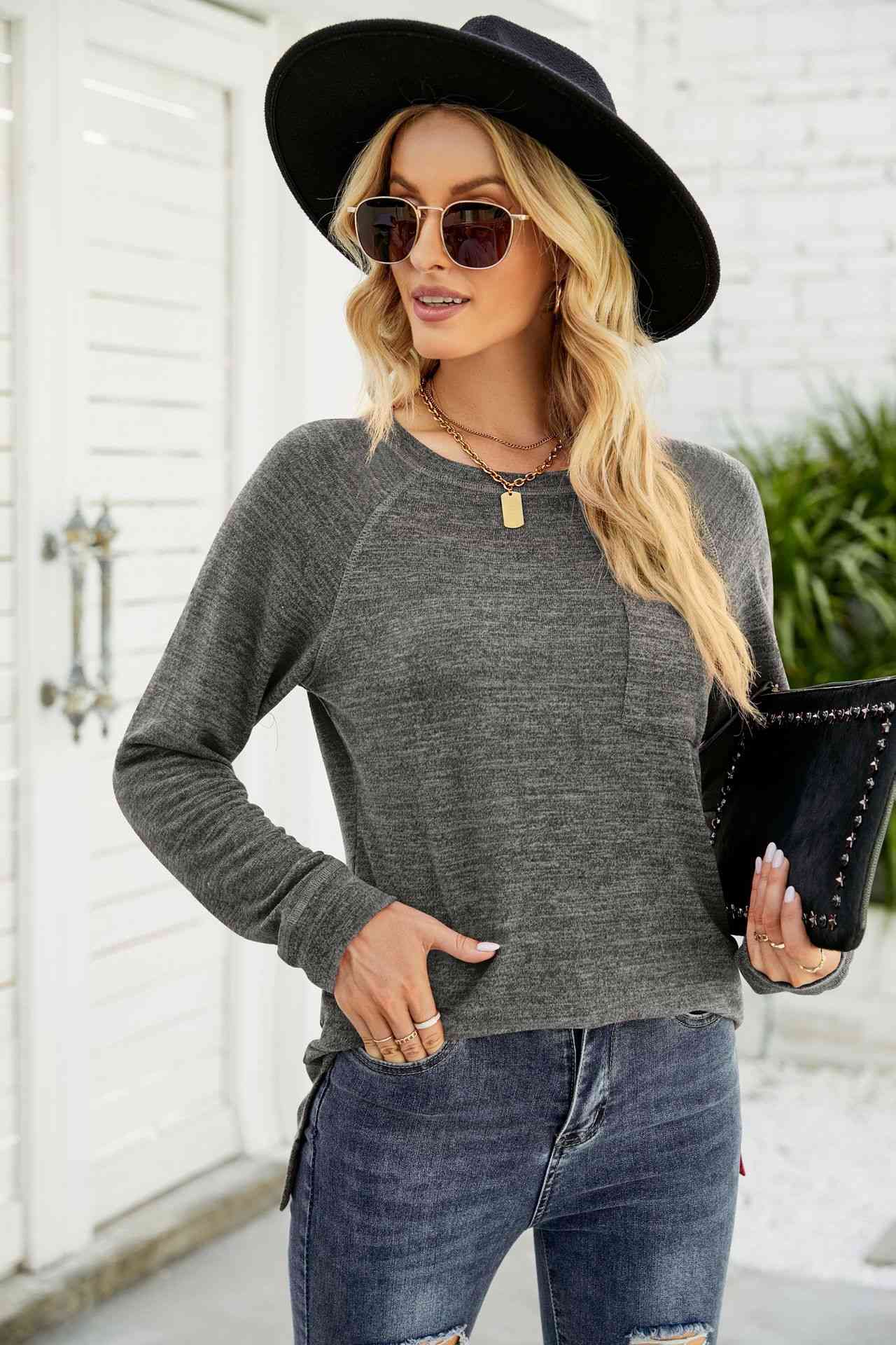 Heathered Slit Long Raglan Sleeve Top